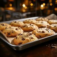 heerlijk chocola spaander koekjes vers van de oven Aan een dienblad foto