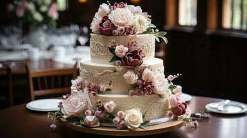 prachtig versierd bruiloft taart met ingewikkeld detail foto