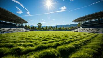 een voetbal stadion met een gazon veld- foto