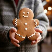 kind hand- Holding een vers gebakken peperkoek Mens koekje foto