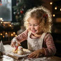 schattig weinig meisje opgewonden decoreren sneeuwman koekjes met glimmertjes foto