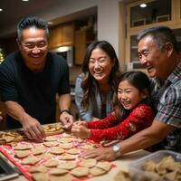 familie bonding over- rollend uit deeg en gebruik makend van koekje snijders foto