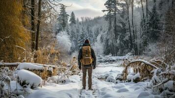 solo zwerver omarmen eenzaamheid in een sereen sneeuw gedekt Woud landschap foto