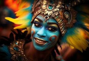 ai generatief een levendig verzameling van afbeeldingen vastleggen de energie en opwinding van Brazilië carnaval en samba cultuur van kleurrijk kostuums en maskers foto