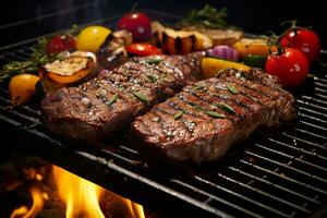 gegrild rundvlees steak met groenten Aan de grillen. generatief ai. foto