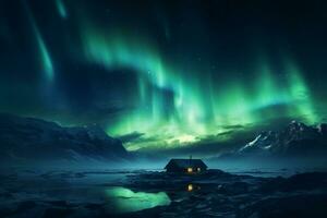 winter nacht landschap met noordelijk lichten. Aurora borealis. eenzaam huis in de bergen. ai gegenereerd. foto