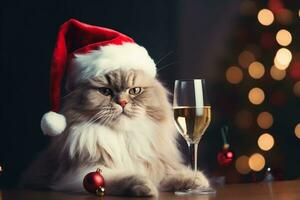 pluizig schattig kat in de kerstman claus hoed met een glas van Champagne. Kerstmis en nieuw jaar viering. ai gegenereerd. foto
