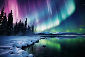 winter nacht landschap met kleurrijk noordelijk lichten in de Woud Aan de meer oever. Aurora borealis. ai gegenereerd. foto