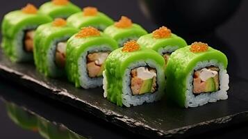 verleidelijk tonijn en groen kaviaar sushi broodjes. generatief ai foto