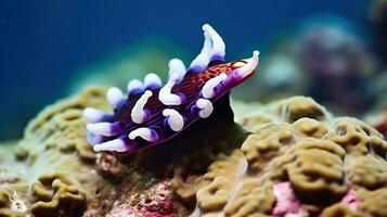 donker Purper en wit naaktslak kruipen Aan natuurlijk rif Aan bodem van blauw zee. generatief ai foto