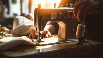 vrouw kleermaker zetten draad in naaien machine terwijl werken in licht atelier. generatief ai foto