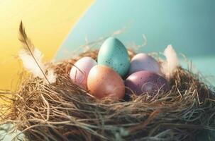 Pasen nest met kleurrijk eieren en vogel veerkracht. genereren ai foto