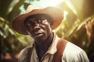 Afrikaanse boer Aan cacao plantage oogsten. genereren ai foto