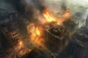 brandend stad na luchtaanval aanval. genereren ai foto