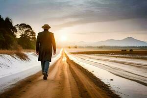 een Mens in een hoed wandelingen naar beneden een aarde weg. ai-gegenereerd foto