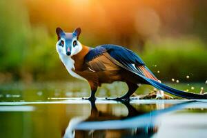 een vogel met lang staart staand in water. ai-gegenereerd foto