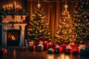Kerstmis bomen en presenteert in voorkant van een haard. ai-gegenereerd foto