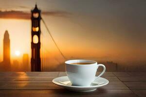 een kop van koffie met een visie van de gouden poort brug. ai-gegenereerd foto