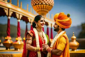 de bruiloft paar in traditioneel Indisch kleding. ai-gegenereerd foto