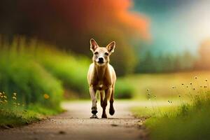 een hond wandelen naar beneden een pad in de gras. ai-gegenereerd foto