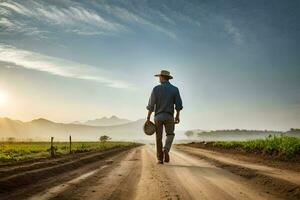 een Mens in een cowboy hoed wandelingen naar beneden een aarde weg. ai-gegenereerd foto