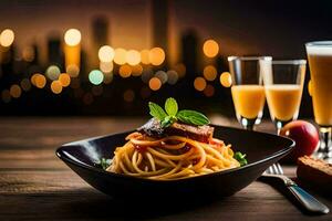 een bord van spaghetti met vlees en oranje sap Aan een tafel. ai-gegenereerd foto