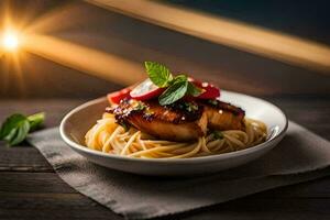 een bord van pasta met vis en tomaten. ai-gegenereerd foto