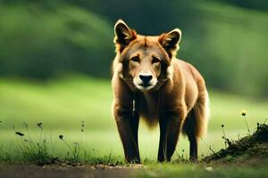 een bruin hond staand in de gras. ai-gegenereerd foto