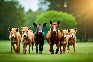 een groep van paarden zijn staand in de gras. ai-gegenereerd foto