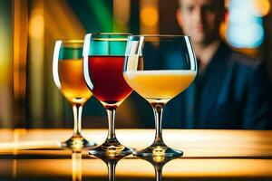 drie bril van wijn Aan een bar balie. ai-gegenereerd foto