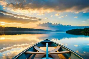 een kano is drijvend Aan een kalmte meer Bij zonsondergang. ai-gegenereerd foto