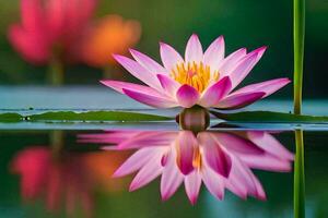 een roze lotus bloem is weerspiegeld in de water. ai-gegenereerd foto