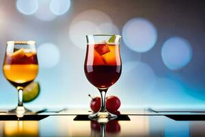 twee bril van wijn met fruit Aan een tafel. ai-gegenereerd foto