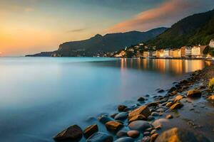 foto behang de lucht, zee, bergen, rotsen, strand, Noorwegen, Noorwegen,. ai-gegenereerd