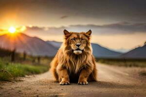 een leeuw zittend Aan de weg Bij zonsondergang. ai-gegenereerd foto