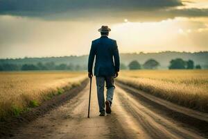 een Mens wandelen naar beneden een aarde weg met een riet. ai-gegenereerd foto