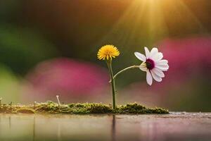 twee bloemen zijn groeit uit van een bemost oppervlak. ai-gegenereerd foto