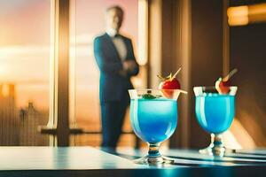 twee bril van blauw cocktail met een Mens in een pak. ai-gegenereerd foto