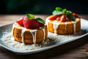 twee cakes met aardbeien en room Aan een wit bord. ai-gegenereerd foto