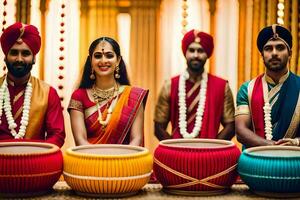 Indisch bruiloft ceremonie met trommels. ai-gegenereerd foto