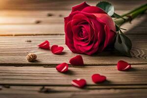 een single rood roos Aan een houten tafel met harten verspreide in de omgeving van het. ai-gegenereerd foto
