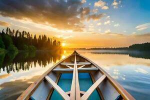 een kano is drijvend Aan de water Bij zonsondergang. ai-gegenereerd foto