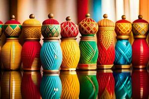 kleurrijk houten poppen zijn bekleed omhoog in een rij. ai-gegenereerd foto