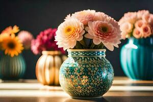 kleurrijk bloemen in een vaas. ai-gegenereerd foto