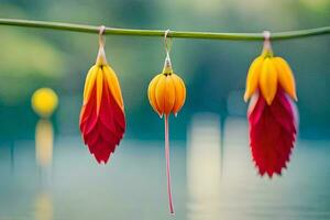 drie kleurrijk bloemen hangen van een draad. ai-gegenereerd foto