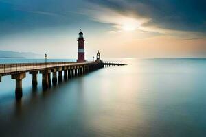 een lang blootstelling fotograaf van een vuurtoren Aan een pier. ai-gegenereerd foto