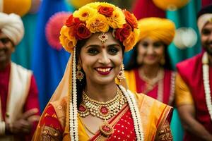 een bruid in traditioneel Indisch kleding met haar bruidsmeisjes. ai-gegenereerd foto