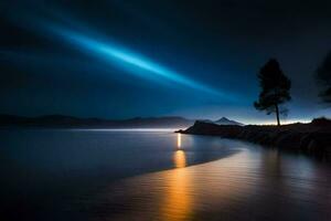 een eenzaam boom staat Aan de kust van een meer Bij nacht. ai-gegenereerd foto