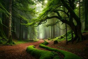 een pad door een Woud met bemost bomen. ai-gegenereerd foto