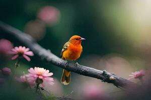 een klein oranje vogel zit Aan een Afdeling met roze bloemen. ai-gegenereerd foto